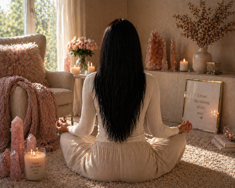 Trina Posata writing in her sacred space with pink flowers, angel statues, and candles, Spiritual Medium & Intuitive Guide